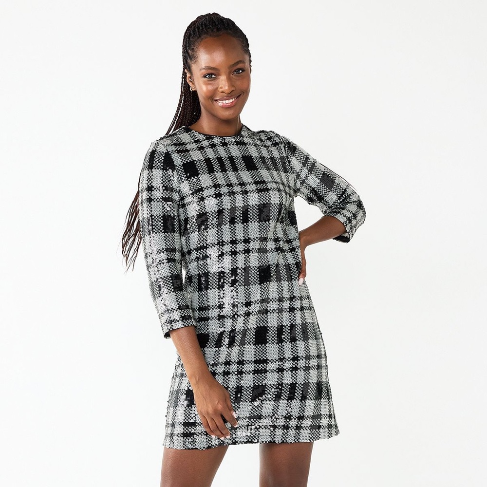 NWT Draper James RSVP Three-Quarter Sleeve Sequin Sheath Dress Black & Grey